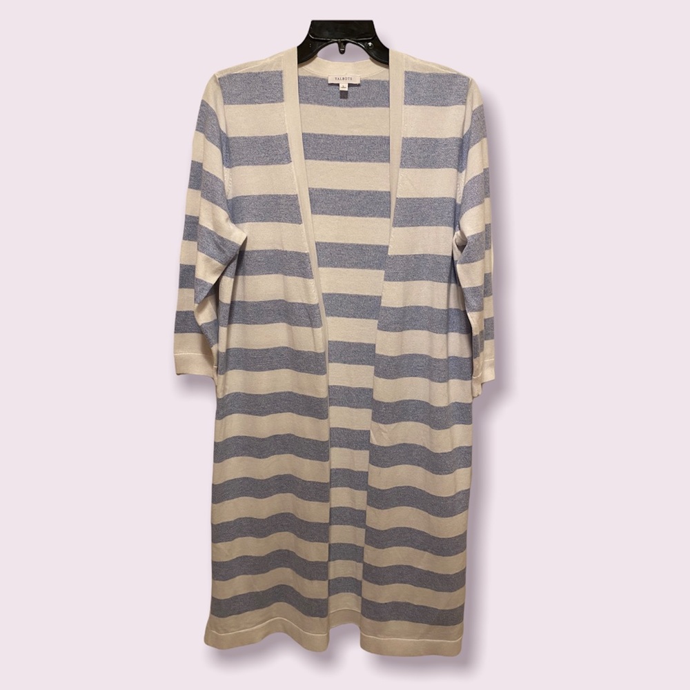 Talbots Light Blue & White Striped Open Front Long Sleeve Cardigan EUC Size L